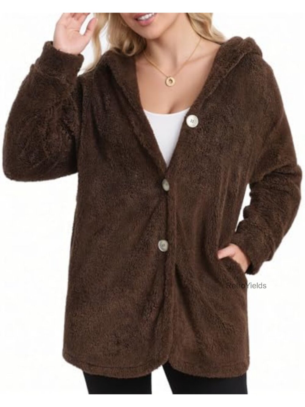 Sherpa Fleece Hooded Button Cardigan Oversized Fuzzy Jacket Pockets